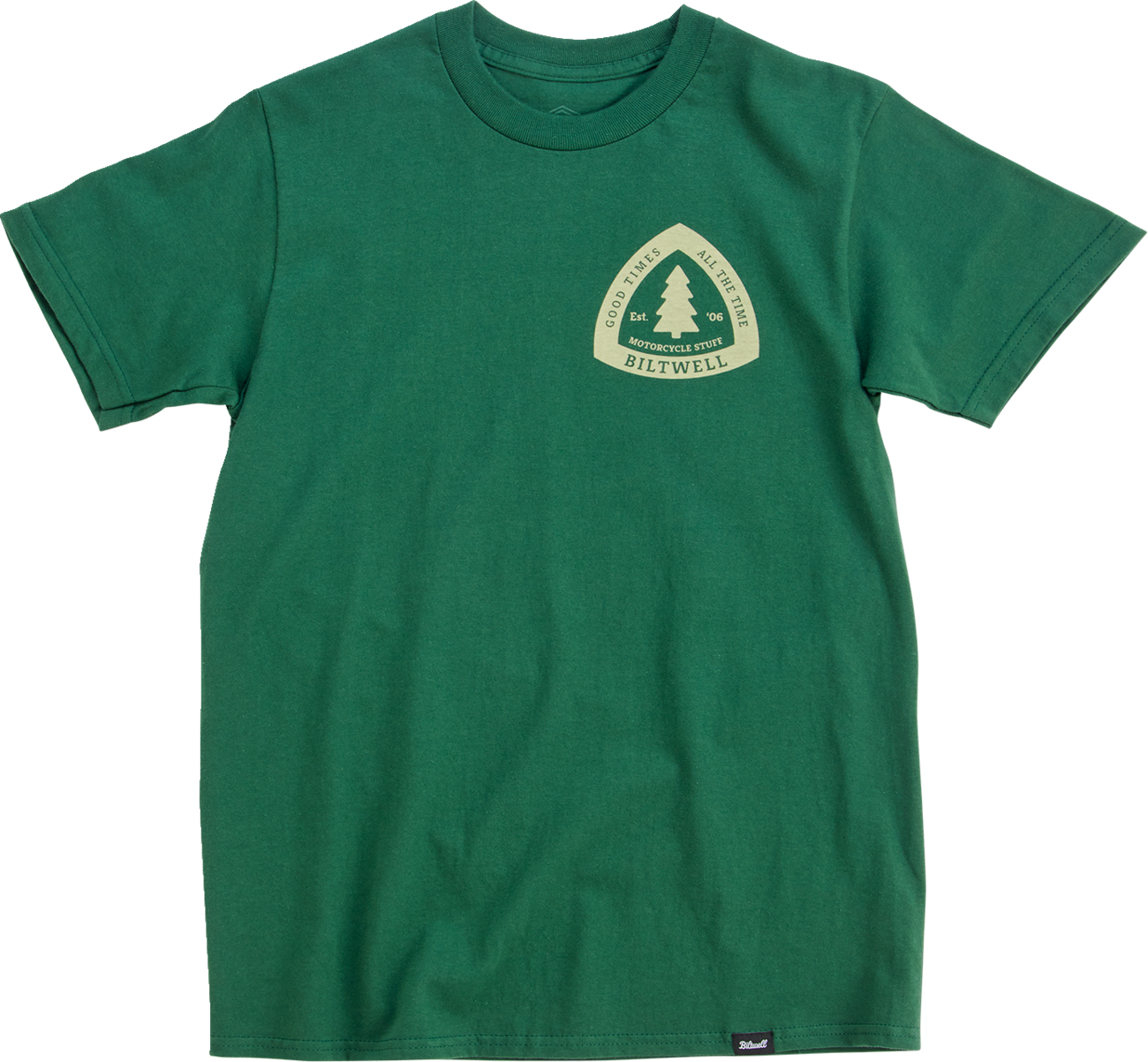 Olive BILTWELL Good Times T-Shirt in Small size featuring a classic crewneck design and bold branding on soft cotton fabric.