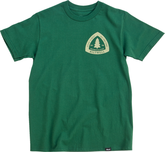 Olive BILTWELL Good Times T-Shirt in Small size featuring a classic crewneck design and bold branding on soft cotton fabric.