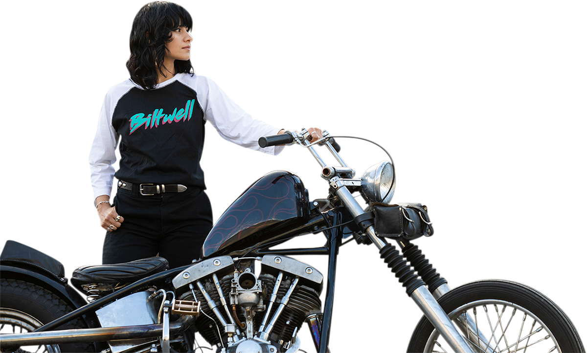 Black and white BILTWELL Women's 1985 Raglan T-Shirt, medium size, featuring classic sporty design and BILTWELL branding.