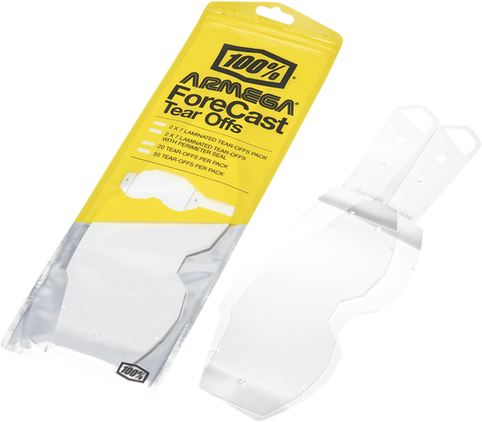 Bill's Exhausts 100% Armega Forecast Tear-Offs, perimeter laminated, 7-pack, designed for motorcycle goggles or eyewear.