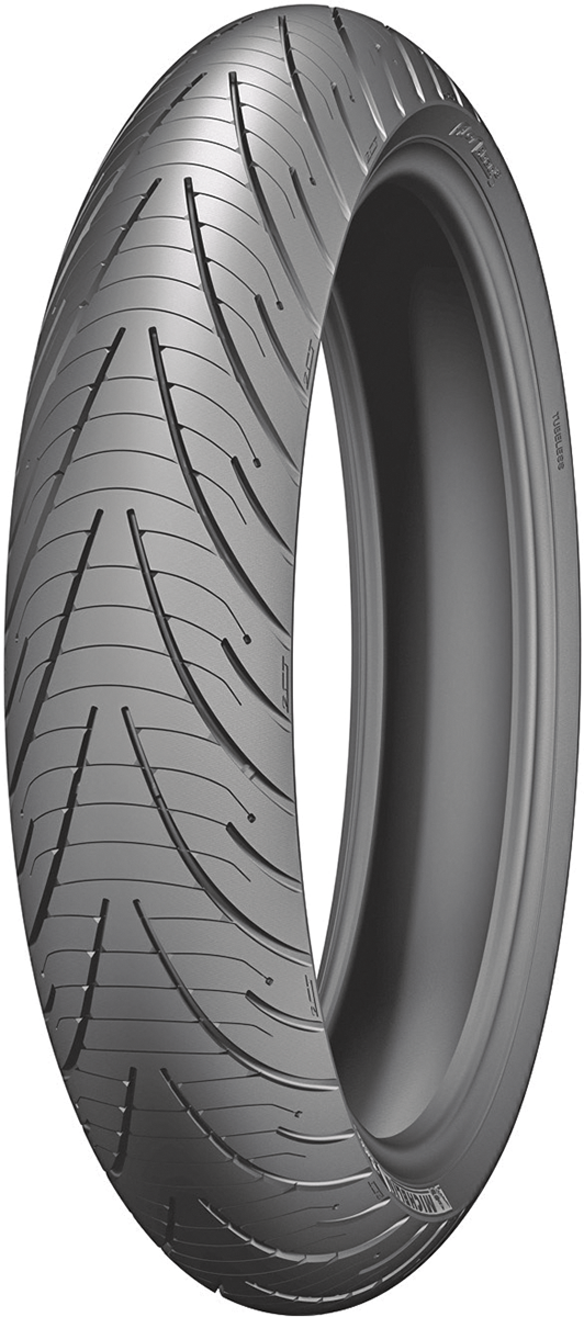 Michelin Pilot Road 3 front motorcycle tire 120/70ZR17 (58W) mounted on a wheel, showcasing tread pattern and sidewall details.