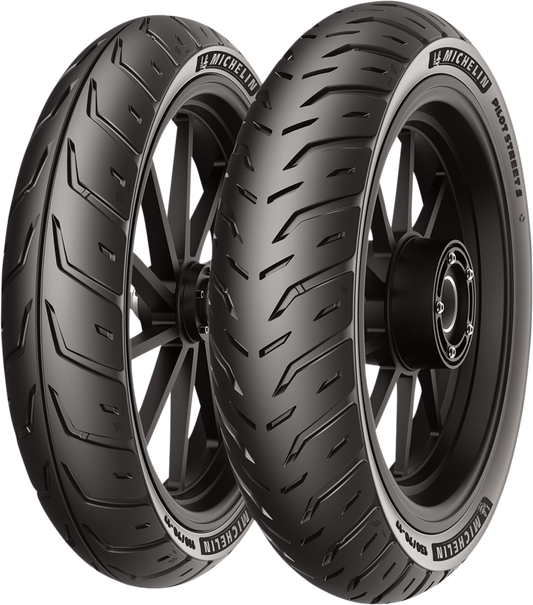 Michelin Pilot Street 2 front motorcycle tire, 60/90-17 size, with tread pattern visible, designed for durability and performance.