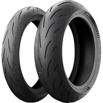 Michelin Power 6 front motorcycle tire 110/70ZR17 (54W) mounted on wheel, showcasing tire tread and sidewall details.