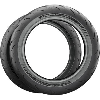 Michelin Power 6 front motorcycle tire 120/70ZR17 size with 58W load index, shown on a tire display.