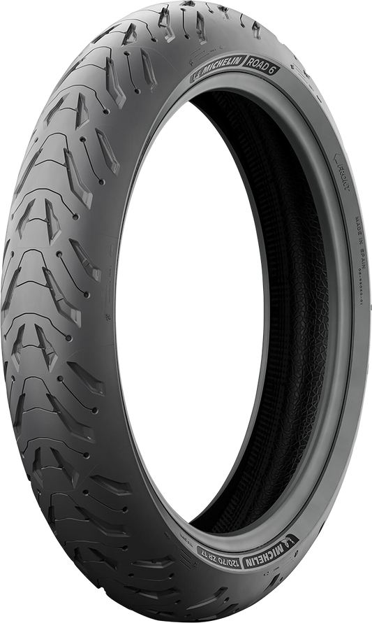 Michelin Road 6 front motorcycle tire 120/70ZR19 with 60W load and speed rating, designed for enhanced road performance.