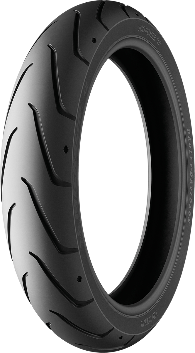 Michelin Scorcher 11 front motorcycle tire 120/70ZR19 60W with tread pattern for motorcycle riding, shown on black background.