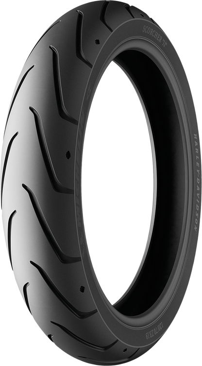 Michelin Scorcher 11 front motorcycle tire 120/70ZR19 60W with tread pattern for motorcycle riding, shown on black background.
