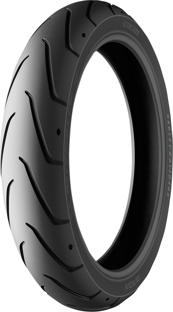 Michelin Scorcher Sport front tire 120/70ZR17 with 58W load rating, displayed on a tire stand.