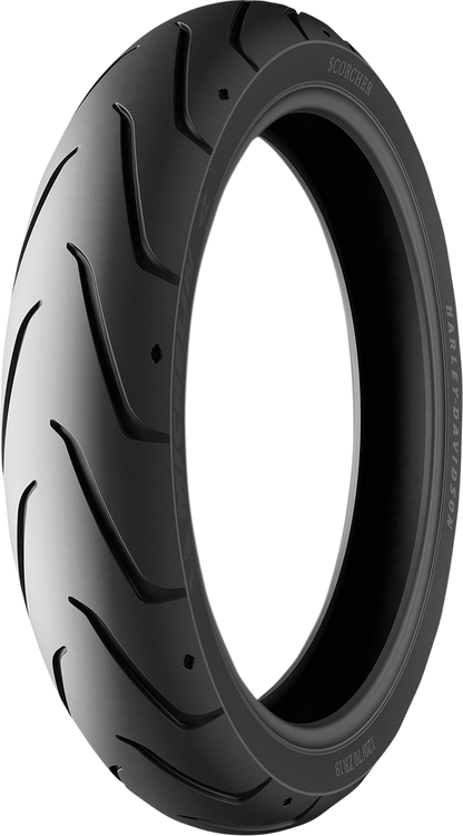 Michelin Scorcher Sport front tire 120/70ZR17 with 58W load rating, displayed on a tire stand.
