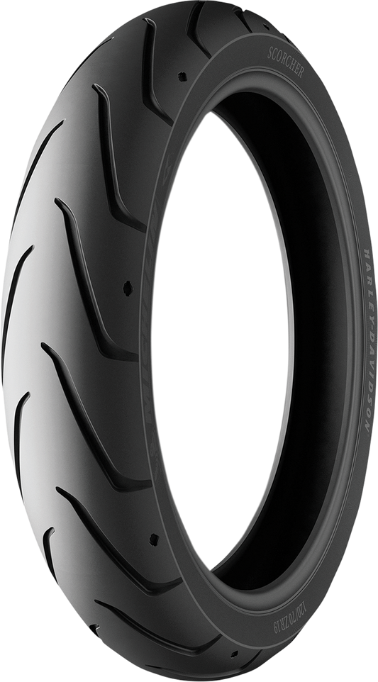 Michelin Scorcher Sport front tire 120/70ZR17 with 58W load rating, displayed on a tire stand.