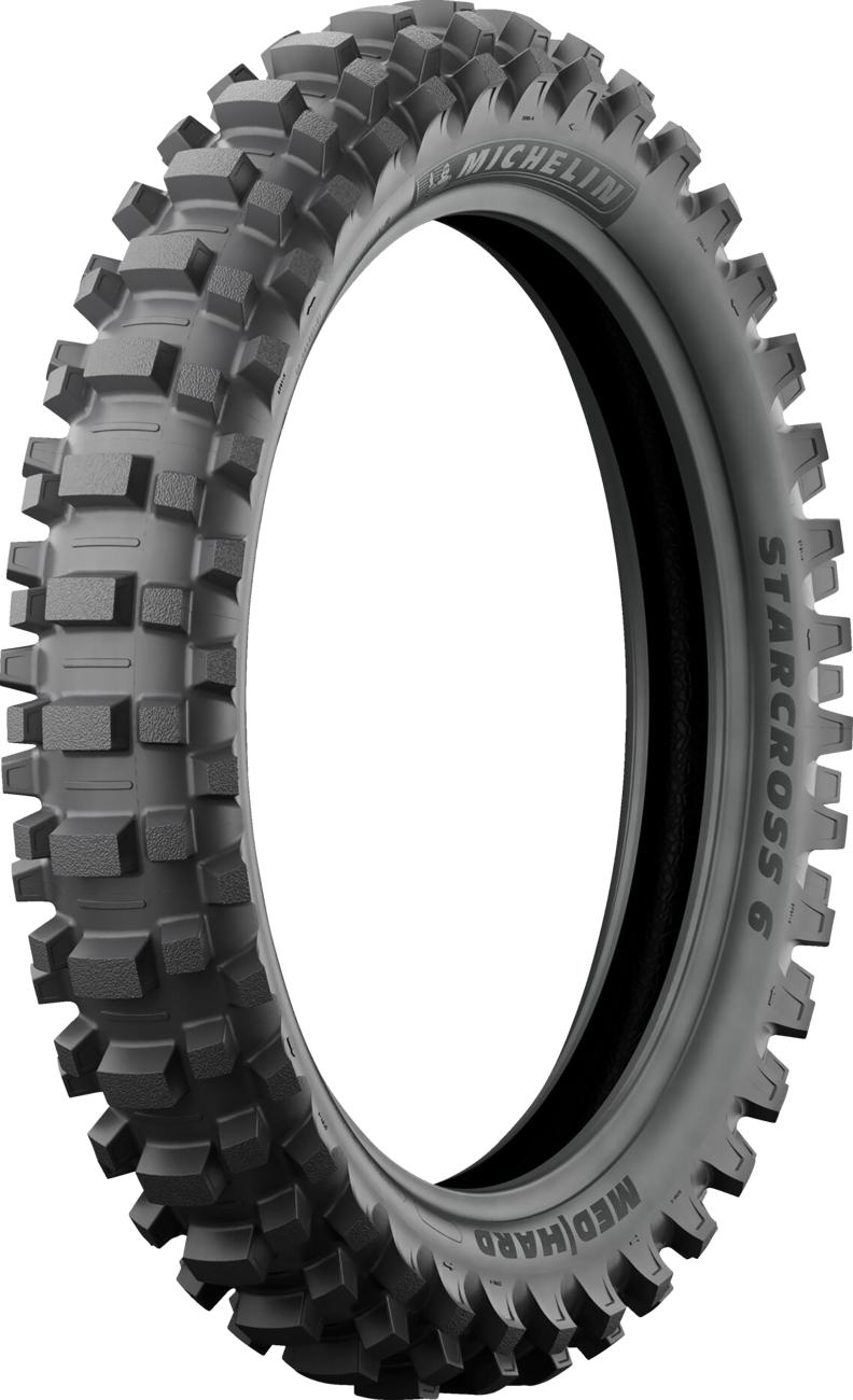 Michelin StarCross 6 Medium Hard rear tire for motocross, size 120/80-19, mounted on a motorcycle wheel.