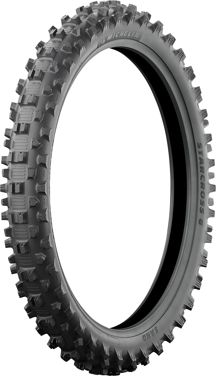 Michelin StarCross 6 Sand front tire, 80/100-21 size, designed for off-road racing and sand riding, with robust tread pattern.
