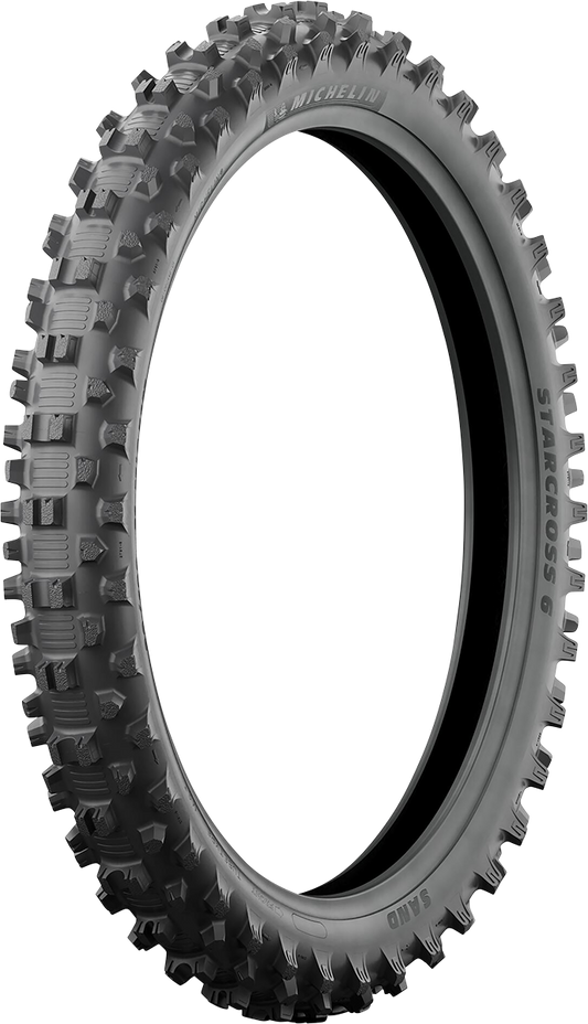 Michelin StarCross 6 Sand front tire, 80/100-21 size, designed for off-road racing and sand riding, with robust tread pattern.