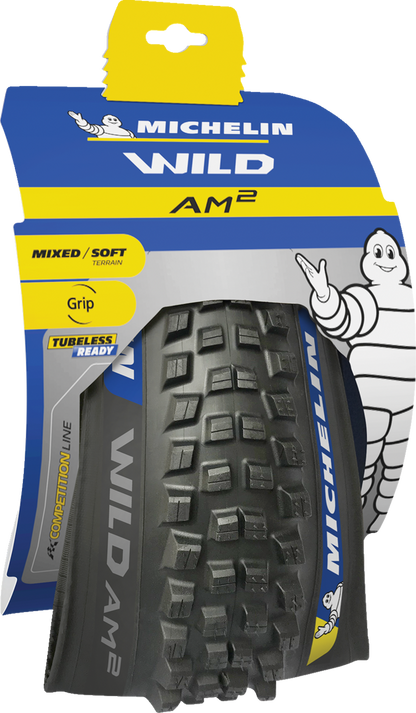 Michelin Wild AM2 Competition Tire for mountain biking, 29 x 2.40, with rugged tread pattern and durable rubber compound.
