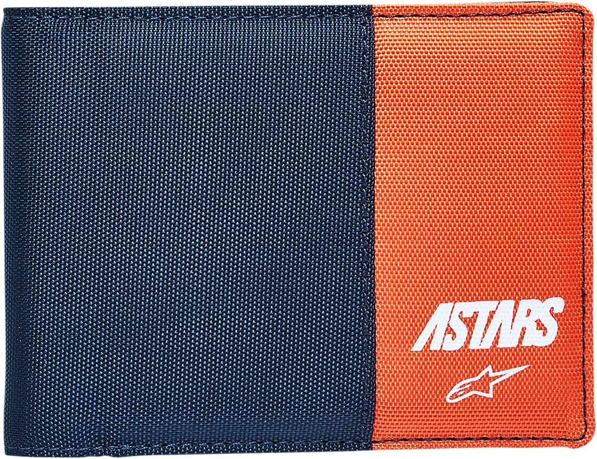 Alpinestars MX Wallet in navy and orange with multiple card slots, durable material, and branded design.