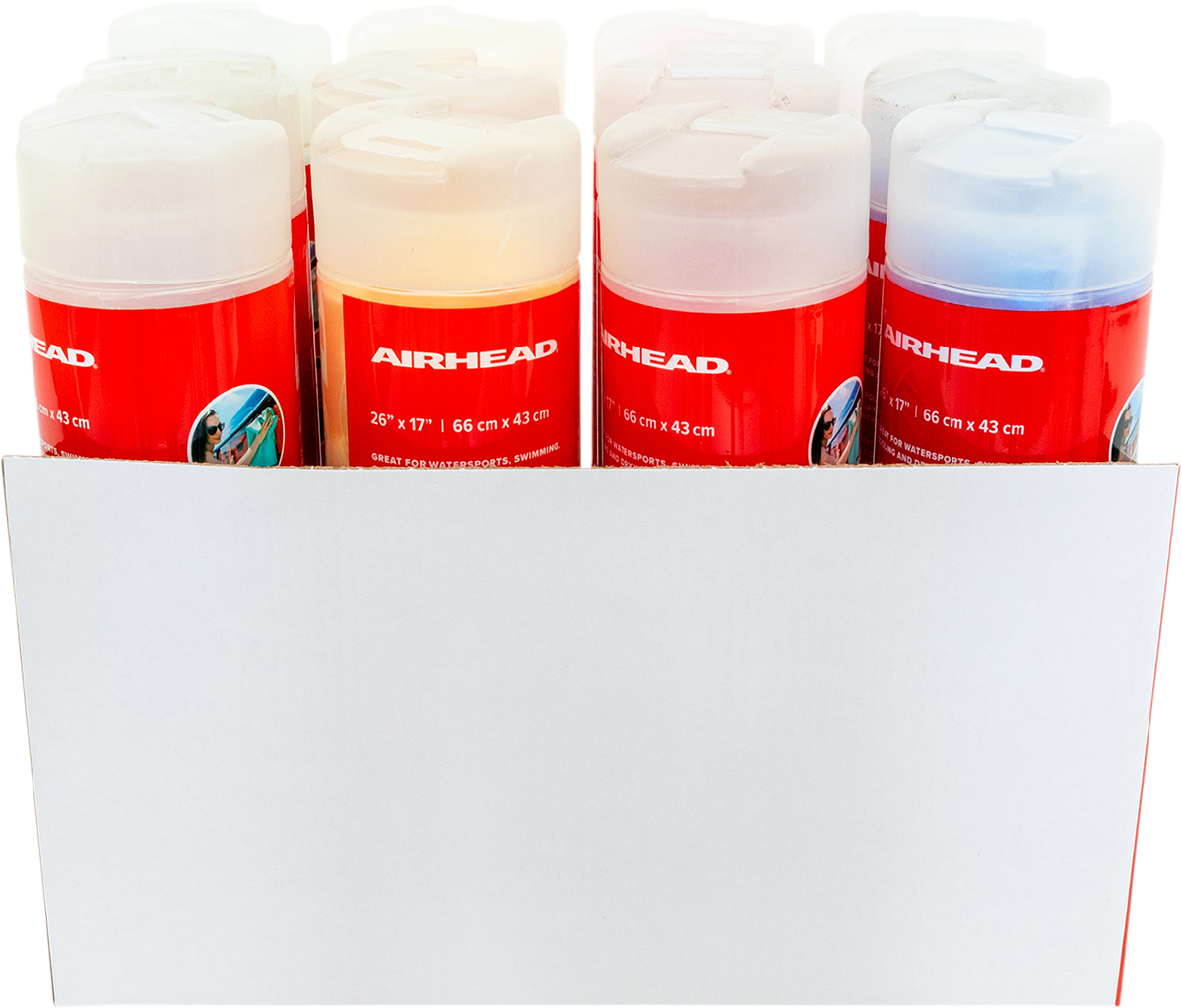 Assorted AIRHEAD SPORTS GROUP absorbing water towels in 12-pack, ideal for water sports and outdoor activities.