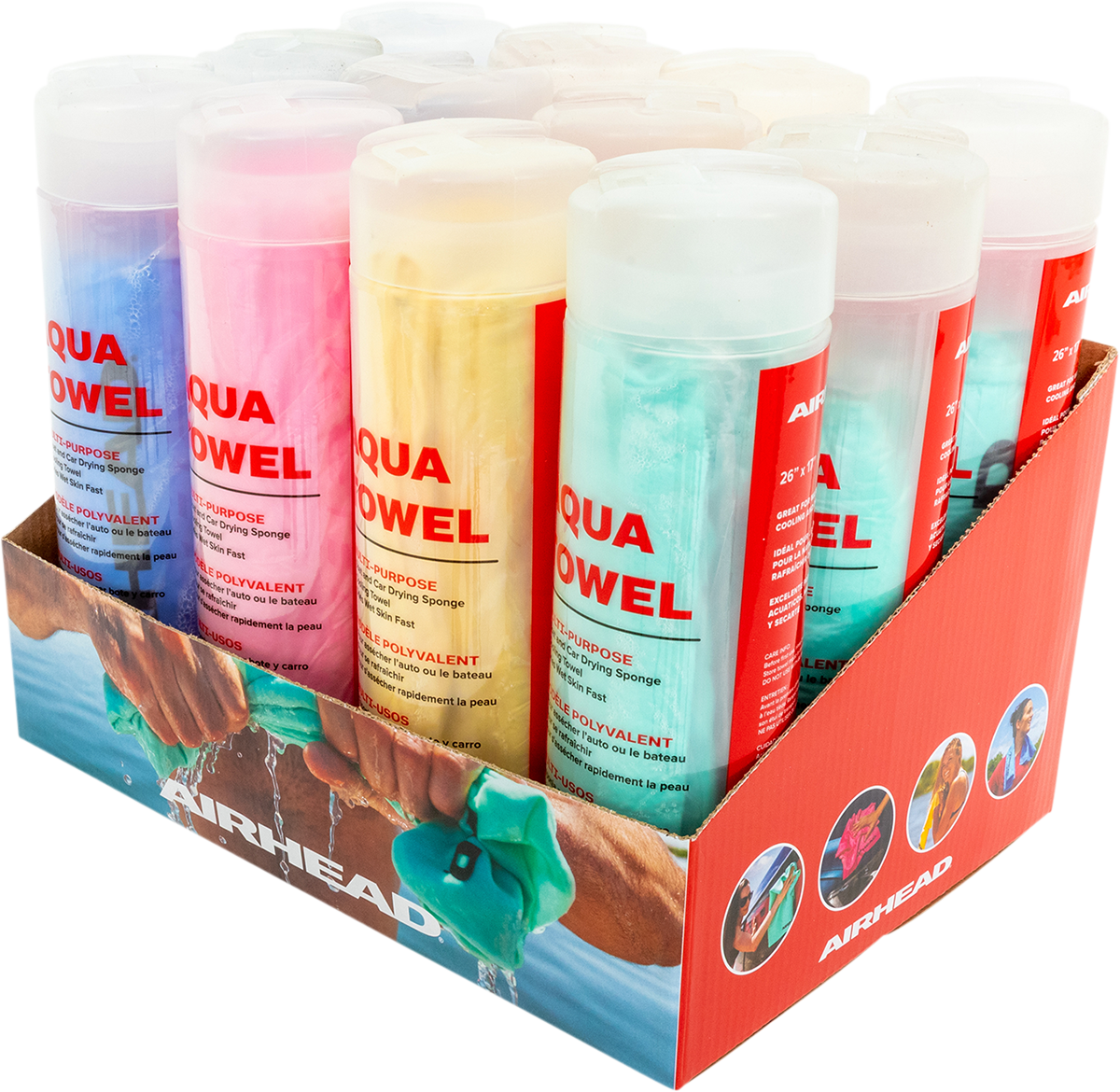 Assorted AIRHEAD Sports Group absorbing water towels in 12-pack, ideal for sports and outdoor activities, by Bill's Exhausts.