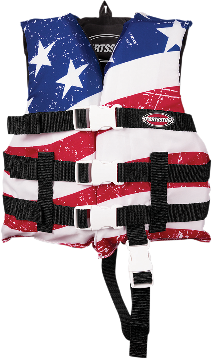 Child Stars & Stripes PFD vest by AIRHEAD SPORTS GROUP in red, white, and blue, designed for water safety and active water sports.