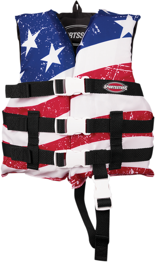 Child Stars & Stripes PFD vest by AIRHEAD SPORTS GROUP in red, white, and blue, designed for water safety and active water sports.