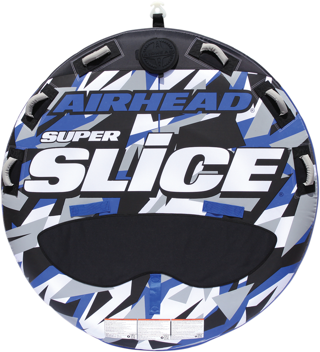 Airhead Super Slice AHSSL-32 towable water tube with bright orange and blue design, designed for water sports and fun.
