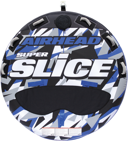 Airhead Super Slice AHSSL-32 towable water tube with bright orange and blue design, designed for water sports and fun.