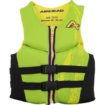 Green AIRHEAD SPORTS GROUP Youth Swoosh Water Vest with adjustable straps, designed for safety and comfort in water activities.