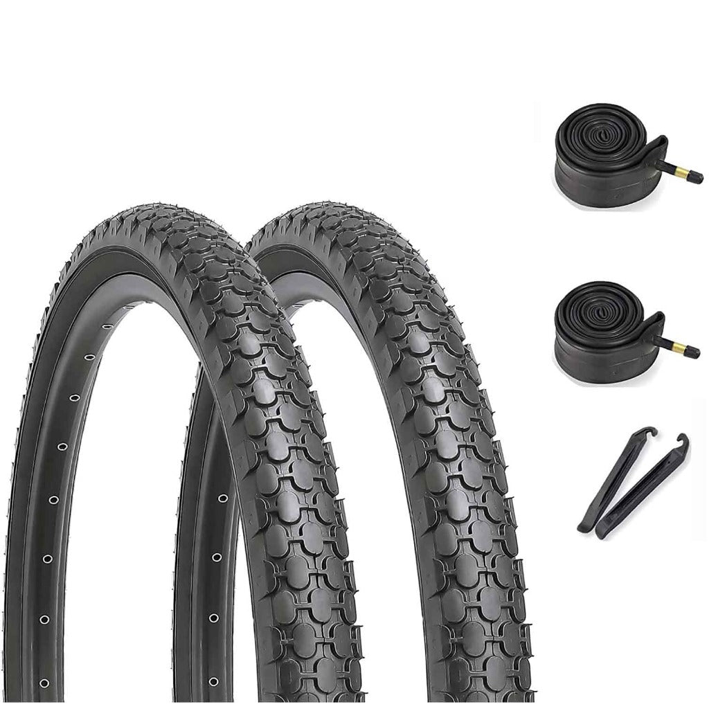 Black bicycle tire set with tubes, 26-inch Hycline SandRoller tires designed for mountain bikes or off-road cycling.