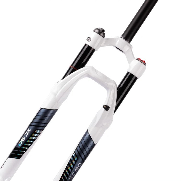 White Hycline Blooke XC90 front suspension fork for 27.5 and 29 inch bicycles, featuring durable suspension and sleek design.