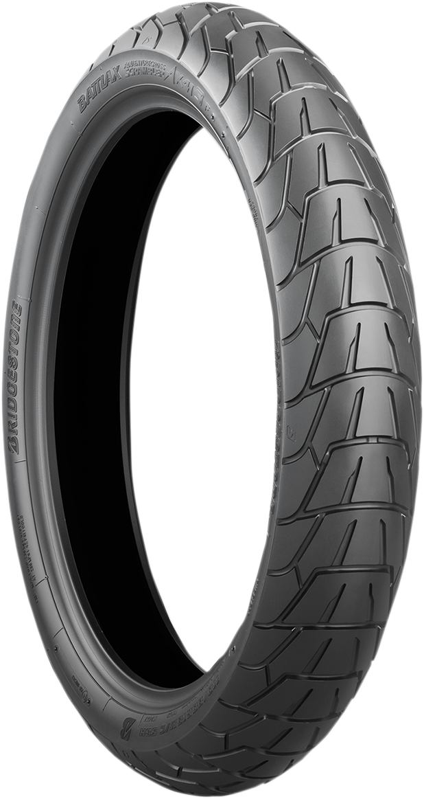 BRIDGESTONE Battlax Adventurecross AX41S front tire 130/80-18 for adventure and touring bikes, showing tread pattern and sidewall.