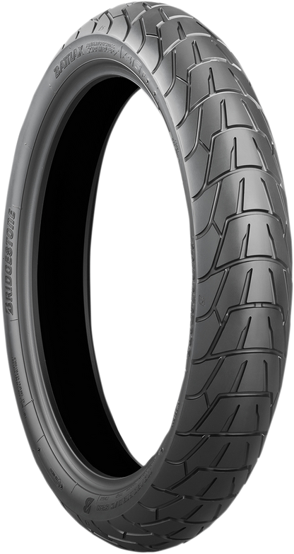 BRIDGESTONE Battlax Adventurecross AX41S front tire 130/80-18 for adventure and touring bikes, showing tread pattern and sidewall.