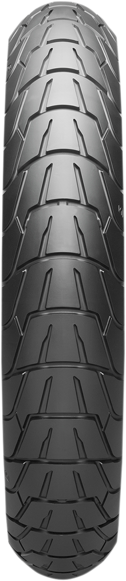 BRIDGESTONE Battlax Adventurecross AX41S front tire, 130/80-18, for adventure and touring bikes, with durable tread pattern.