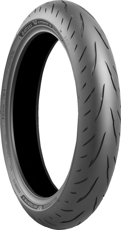 BRIDGESTONE Battlax S23 front motorcycle tire 110/70R17 54H with tread pattern suitable for sport and street riding.