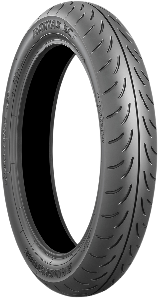 BRIDGESTONE Battlax SC front scooter tire 110/90-13 for urban riding and commuting, showing tread pattern and sidewall details.
