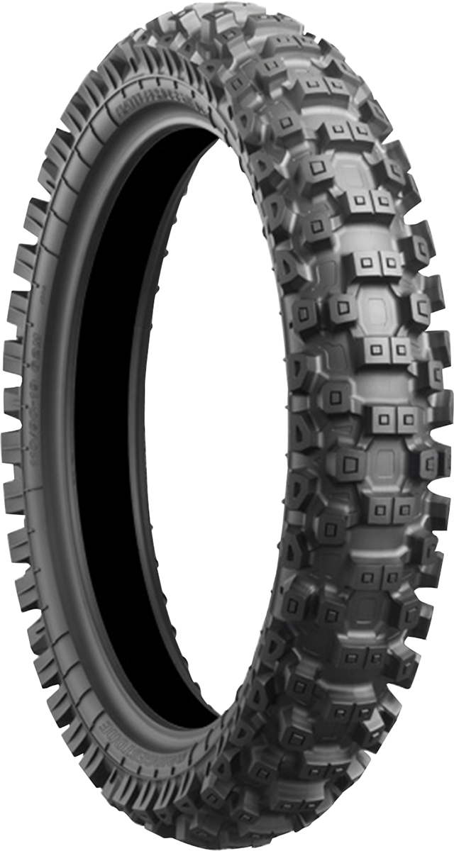 Bridgestone Battlecross X30 rear motorcycle tire 110/90-19 with tread pattern, sidewall branding, and product details visible.