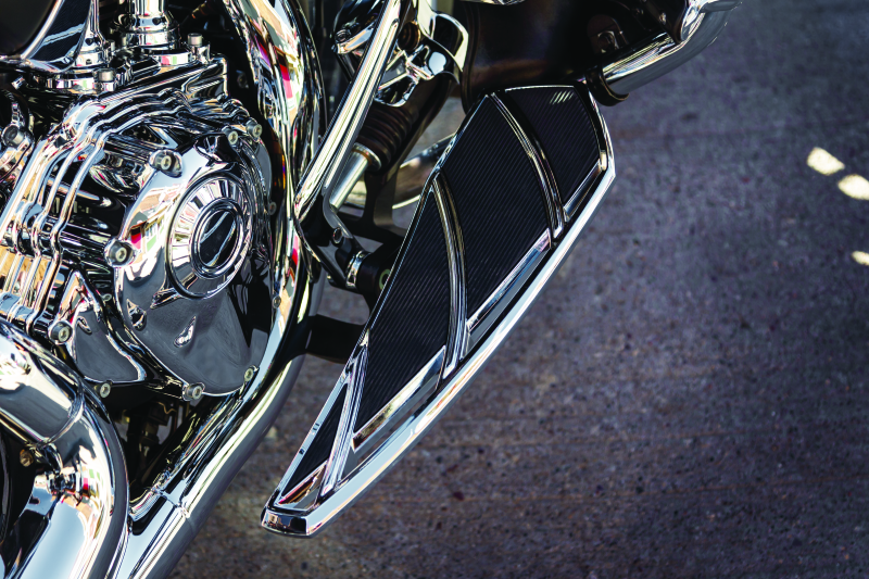 Kuryakyn Phantom floorboards for Indian motorcycles with chrome finish, durable aluminum construction, and vibration dampening rubber pads.