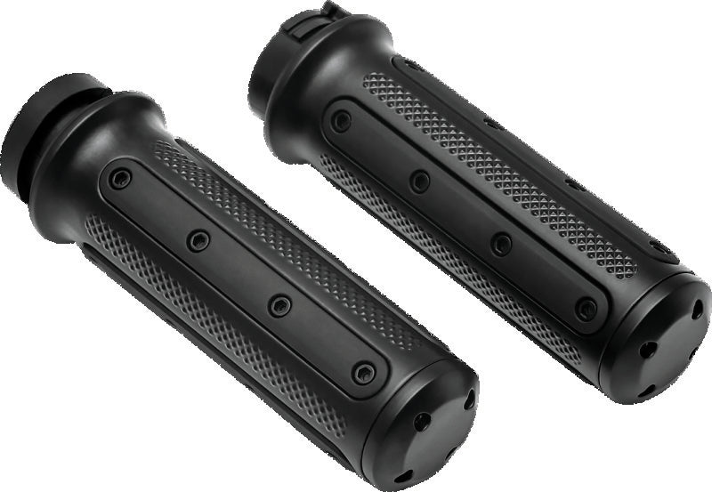 Kuryakyn Heavy Industry Black Grips with dual cables for powersports vehicles, part #6121, shown on motorcycle handlebars.