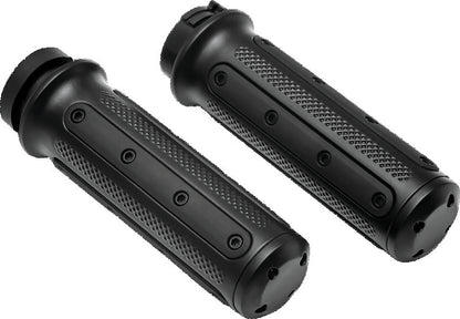Kuryakyn Heavy Industry Black Grips with dual cables for powersports vehicles, part #6121, shown on motorcycle handlebars.