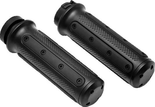 Kuryakyn Heavy Industry Black Grips with dual cables for powersports vehicles, part #6121, shown on motorcycle handlebars.