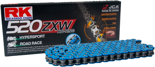 RK EXCEL BB520ZXW-120 motorcycle drive chain with blue finish, designed for high-performance motorcycle chains.