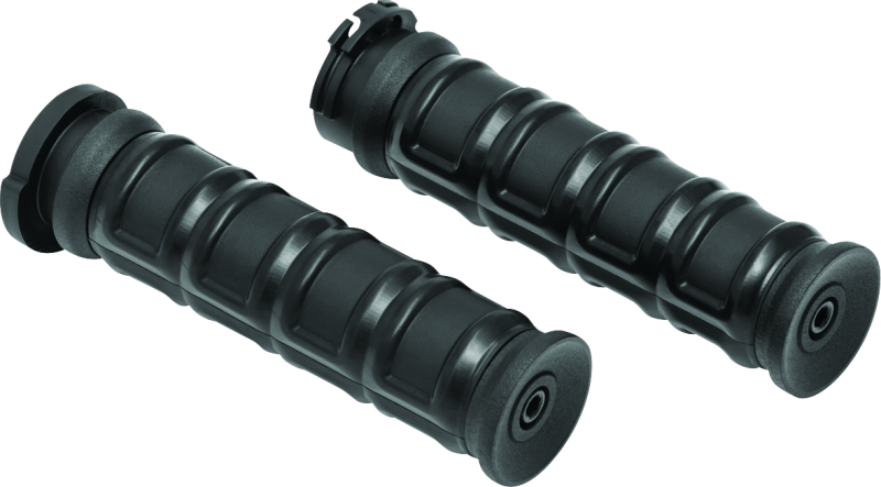 Kuryakyn Dillinger grips with dual cables in satin black for motorcycle handlebars, showcasing a sleek, textured design.