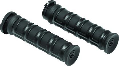 Kuryakyn Dillinger grips with dual cables in satin black for motorcycle handlebars, showcasing a sleek, textured design.