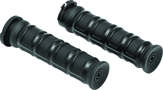 Kuryakyn Dillinger grips with dual cables in satin black for motorcycle handlebars, showcasing a sleek, textured design.