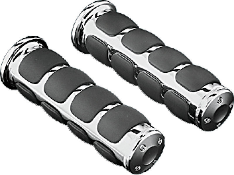 Kuryakyn Metric ISO Chrome Motorcycle Grips for Kawasaki and Yamaha bikes, featuring ergonomic design and shiny chrome finish.