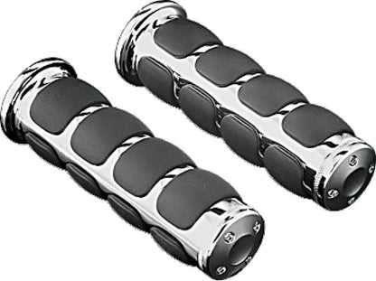 Kuryakyn Metric ISO Chrome Motorcycle Grips for Kawasaki and Yamaha bikes, featuring ergonomic design and shiny chrome finish.