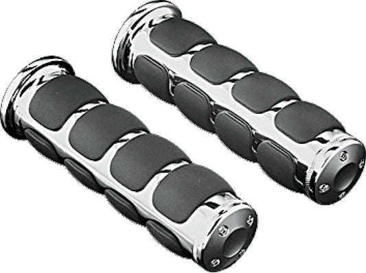 Kuryakyn Metric ISO Chrome Motorcycle Grips for Kawasaki and Yamaha bikes, featuring ergonomic design and shiny chrome finish.