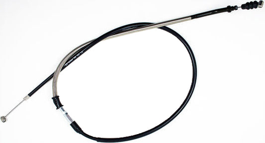 MOTION PRO black vinyl clutch cable with chrome fittings and long housing, designed for motorcycle clutch systems.