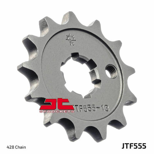 Steel front chain sprocket with 13 teeth from JT, designed for Kawasaki, Suzuki, and Yamaha motorcycles.