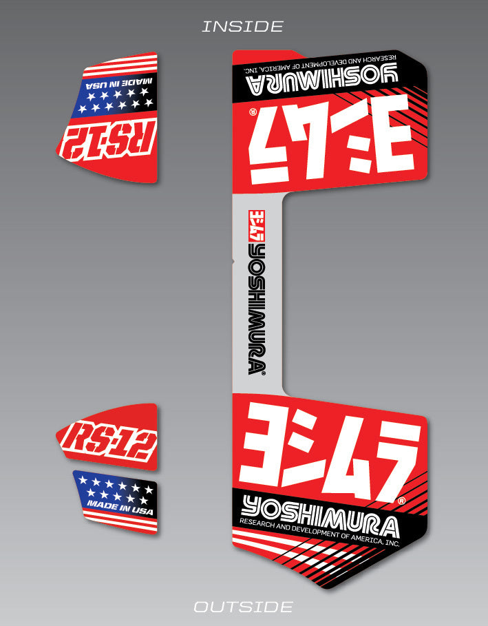 YOSHIMURA RS12-NB010 muffler decal set for performance exhausts, featuring black and silver designs on a motorcycle exhaust.