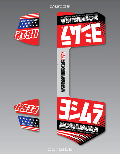 YOSHIMURA RS12-NB010 muffler decal set for performance exhausts, featuring black and silver designs on a motorcycle exhaust.