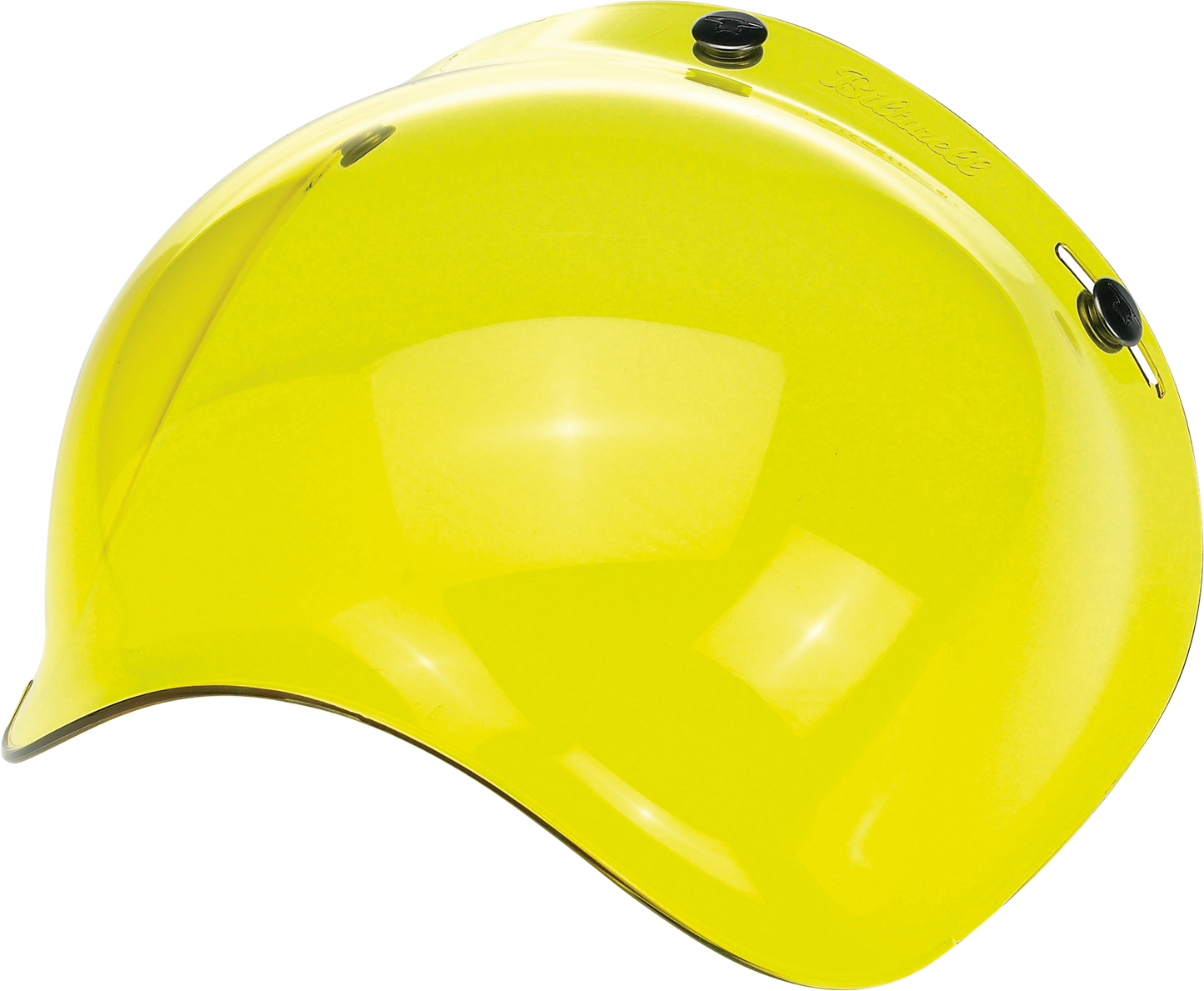 Yellow Biltwell Bubble Shield for helmets, showing the clear, curved visor with yellow tint, designed for motorcycle helmets.